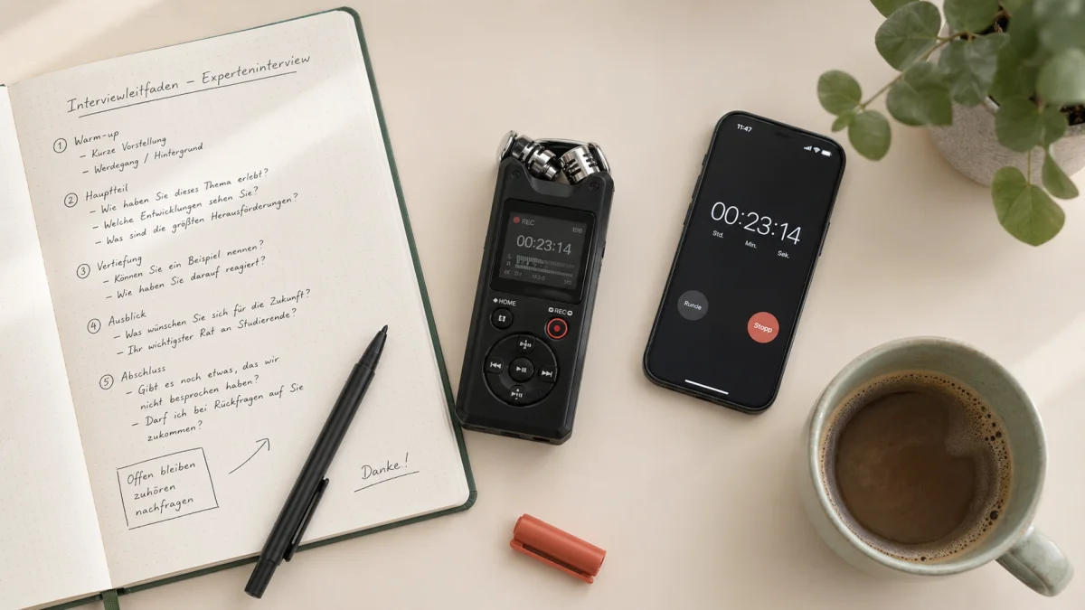 Audio-Recorder und Notizbuch mit handschriftlichem Interview-Leitfaden auf einem Schreibtisch