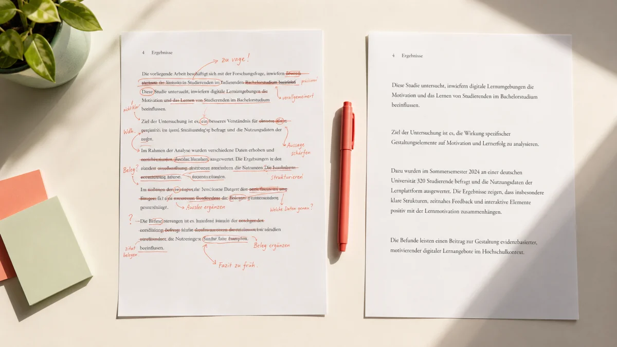 Manuscript-Seiten mit roten Korrekturmarkierungen neben einem überarbeiteten cleanen Dokument