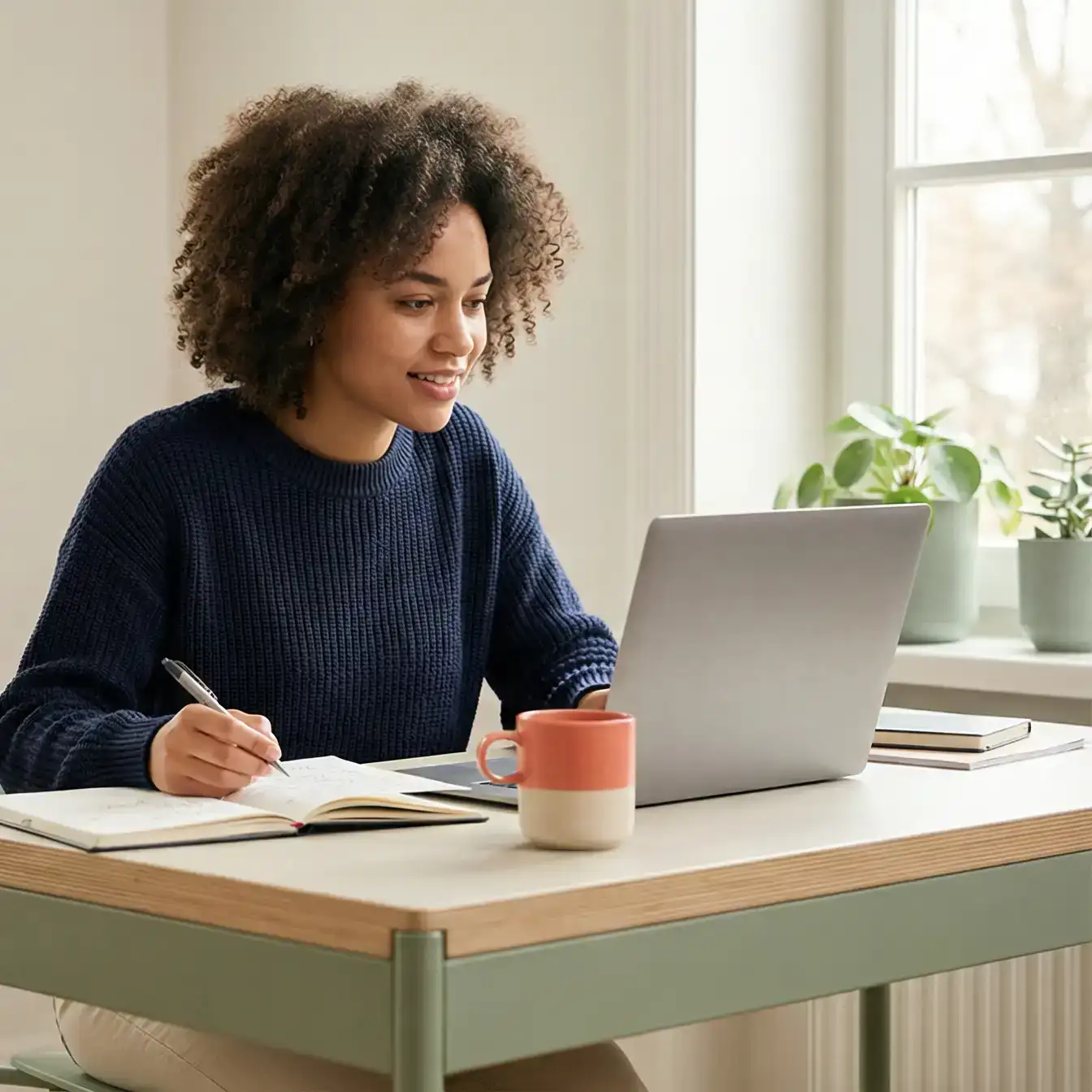 Studentin arbeitet konzentriert an ihrer Bachelorarbeit am Schreibtisch