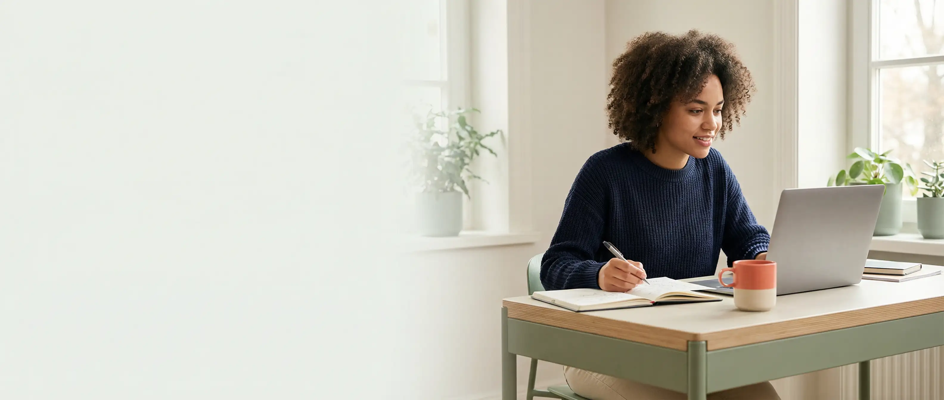 Studentin arbeitet konzentriert an ihrer Bachelorarbeit am Schreibtisch