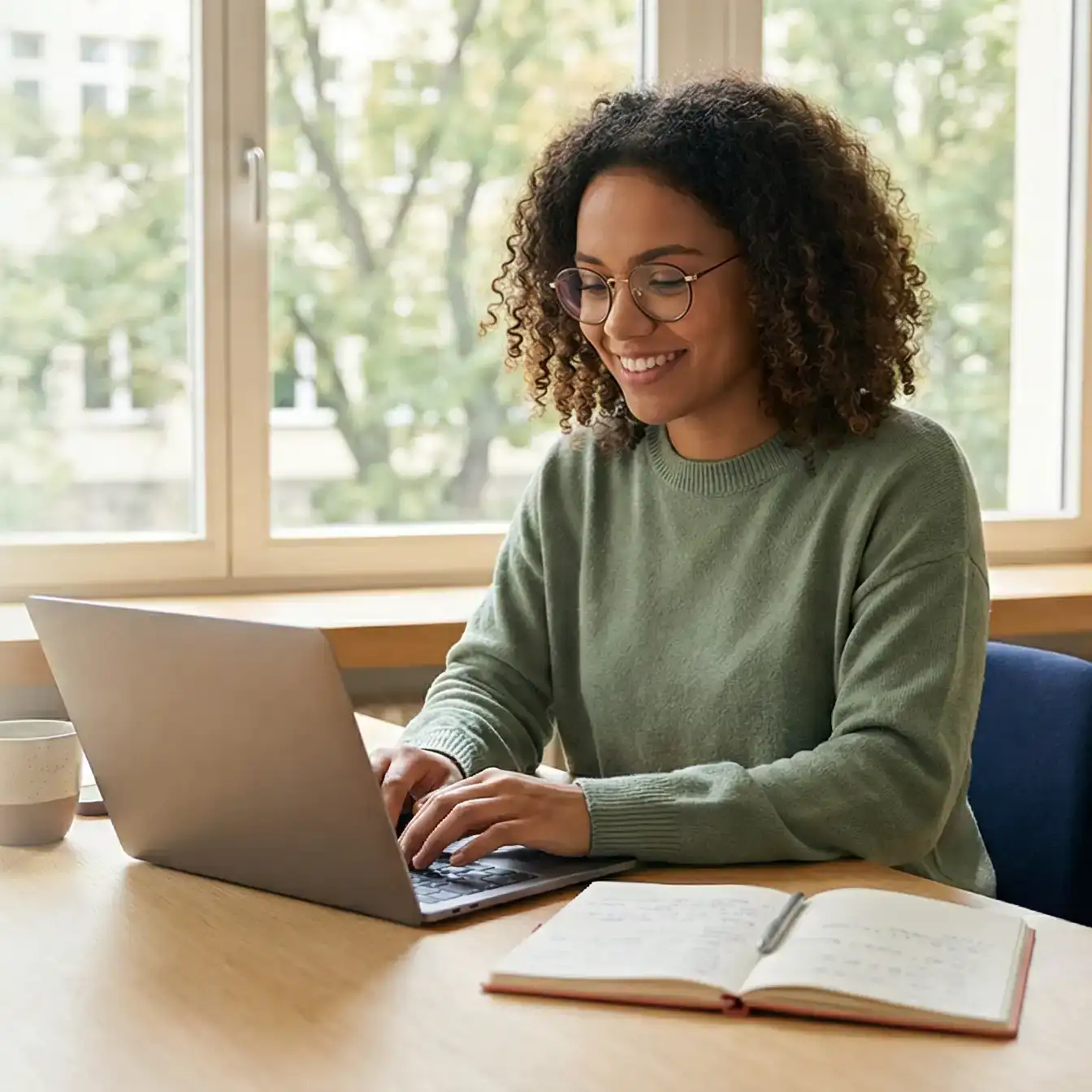 Studentin arbeitet an ihrer Masterarbeit mit Coach-Begleitung