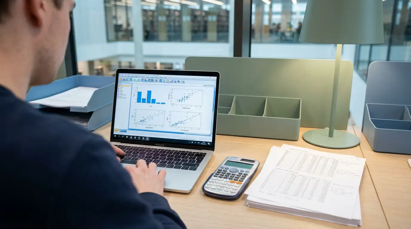 Student arbeitet an statistischer Auswertung am Laptop